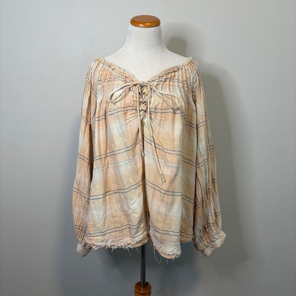 We The Free Plaid Lace Up Blouse Long Sleeve Gauzy Cotton Boho Flowy Blend Large - Picture 2 of 7